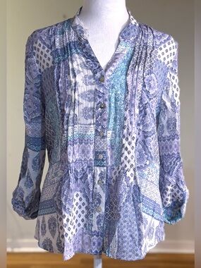 Ruby Rd Patchwork Boho Button Up Blouse, Roll Tab Sleeve, Blue & Purple Petite M